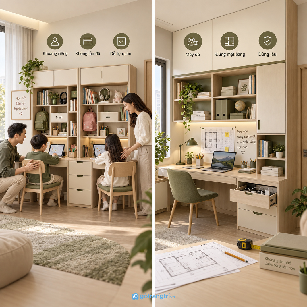 Nhà có hai con nên chia khoang riêng để tránh lẫn đồ học