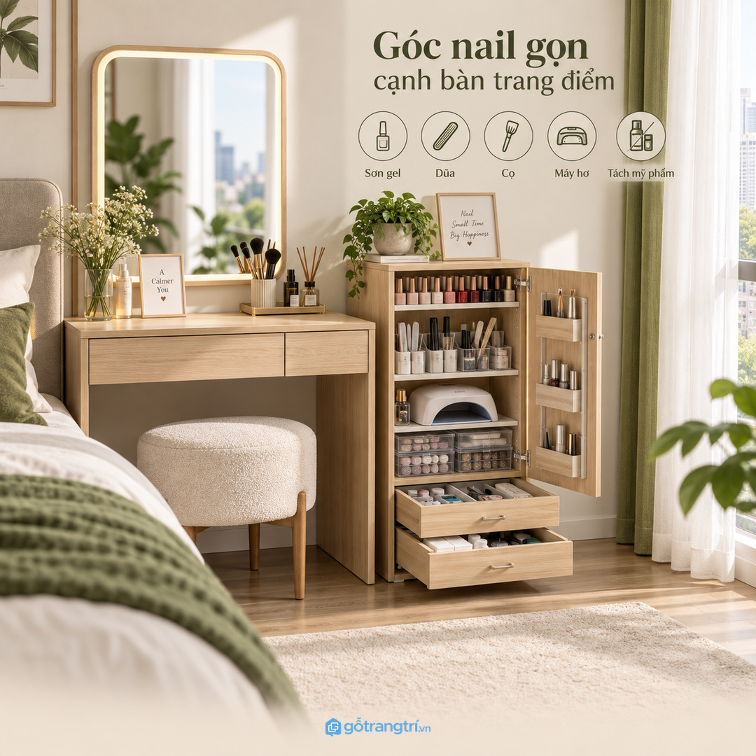Góc nail cạnh bàn trang điểm nên chia hộc nhỏ dễ lấy