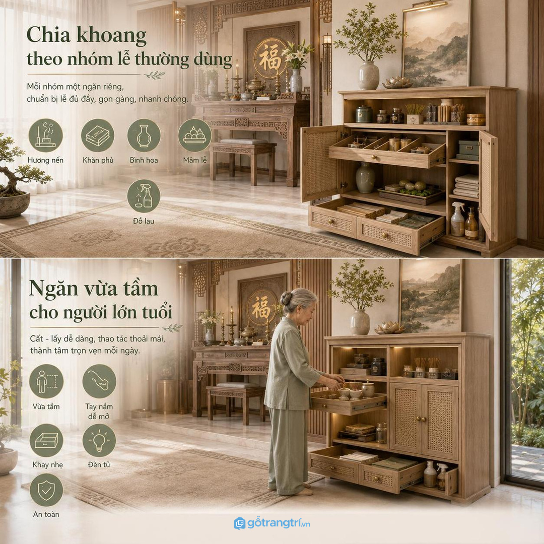 Ngăn vừa tầm tay nắm dễ mở và khay nhẹ giúp người lớn tuổi chuẩn bị lễ an toàn hơn