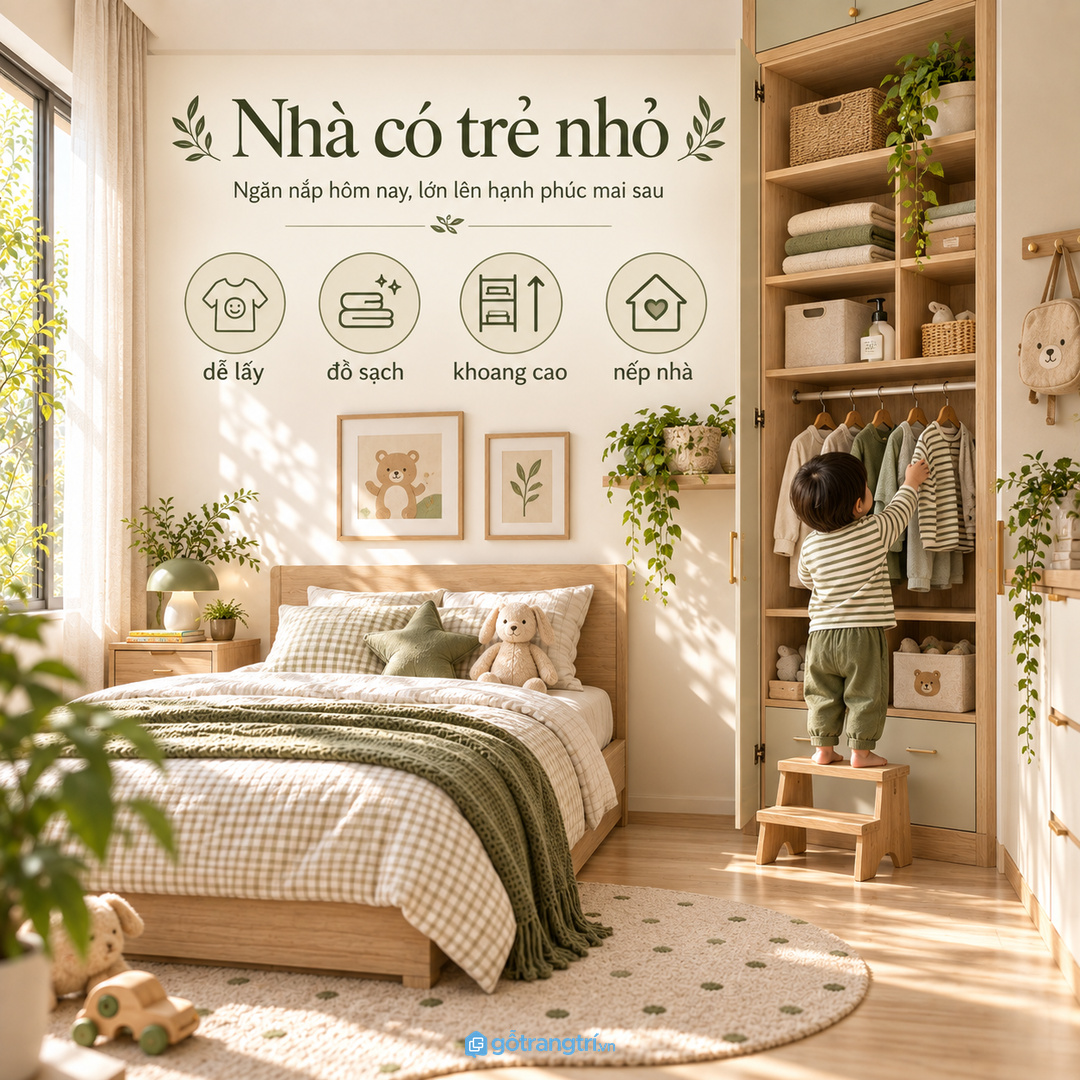 Nhà có trẻ nhỏ cần khoang thấp dễ lấy và khoang cao cho đồ sạch riêng tư