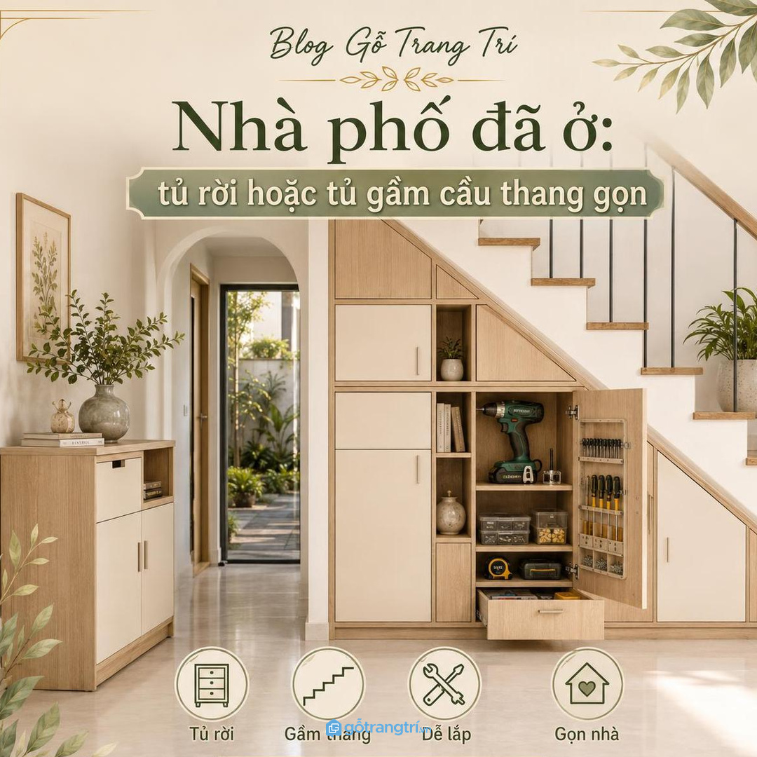 Nhà phố đã ở vẫn làm được tủ rời hoặc tủ gầm cầu thang gọn