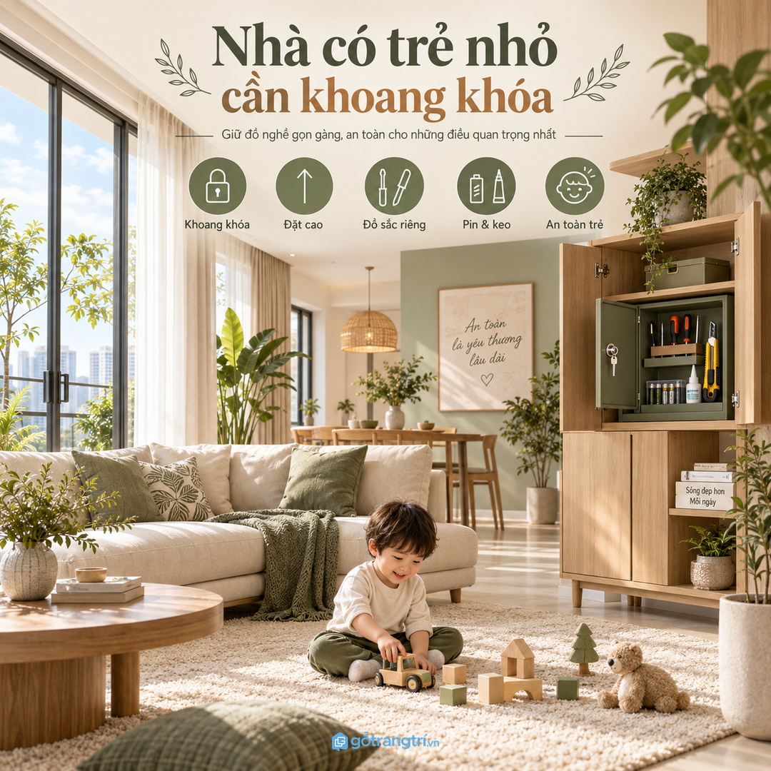 Nhà có trẻ nhỏ cần khoang cao hoặc khóa nhẹ cho dụng cụ sắc