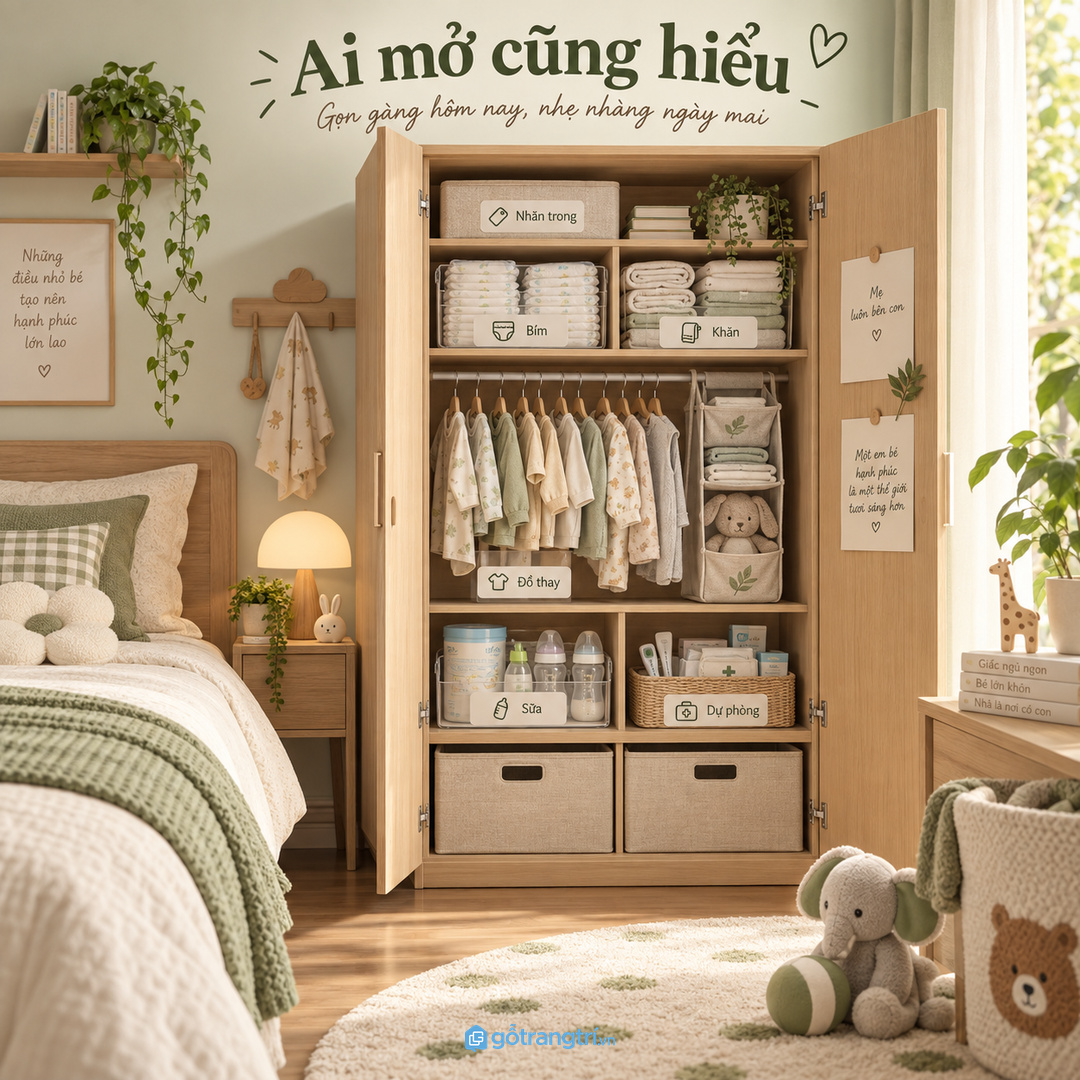 Nhãn nhỏ bên trong giúp ông bà hoặc người hỗ trợ chăm bé mở tủ là hiểu