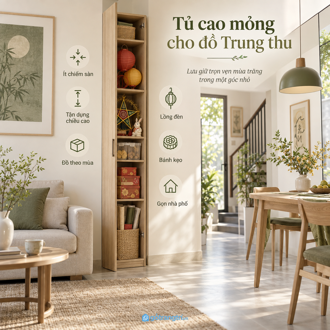 Nhà phố ít kho nên dùng tủ cao mỏng để đồ theo mùa không chiếm mặt bằng