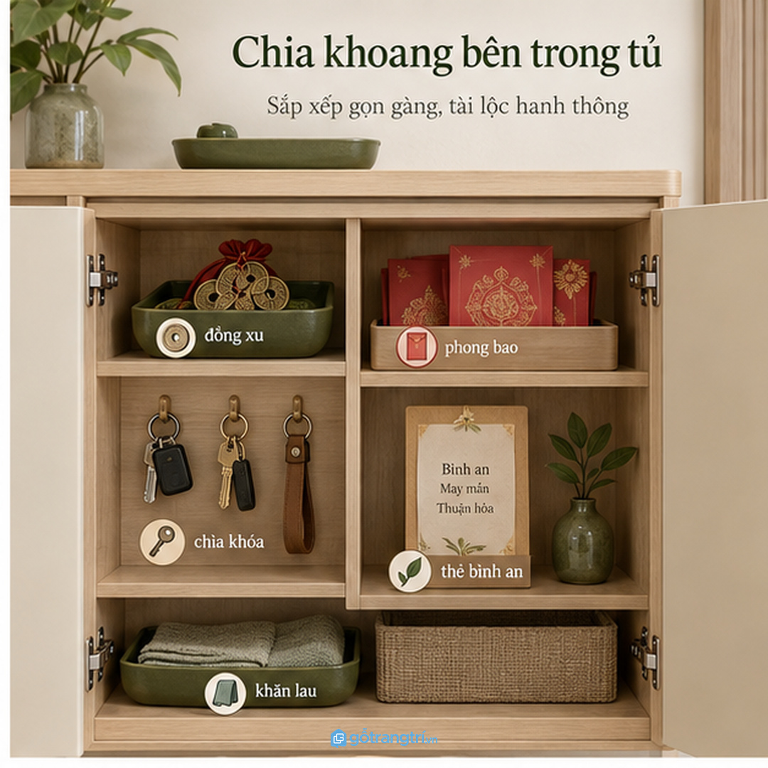 Nhà phố hẹp nên bày ít vật phẩm và cất phụ kiện phía sau cánh kín