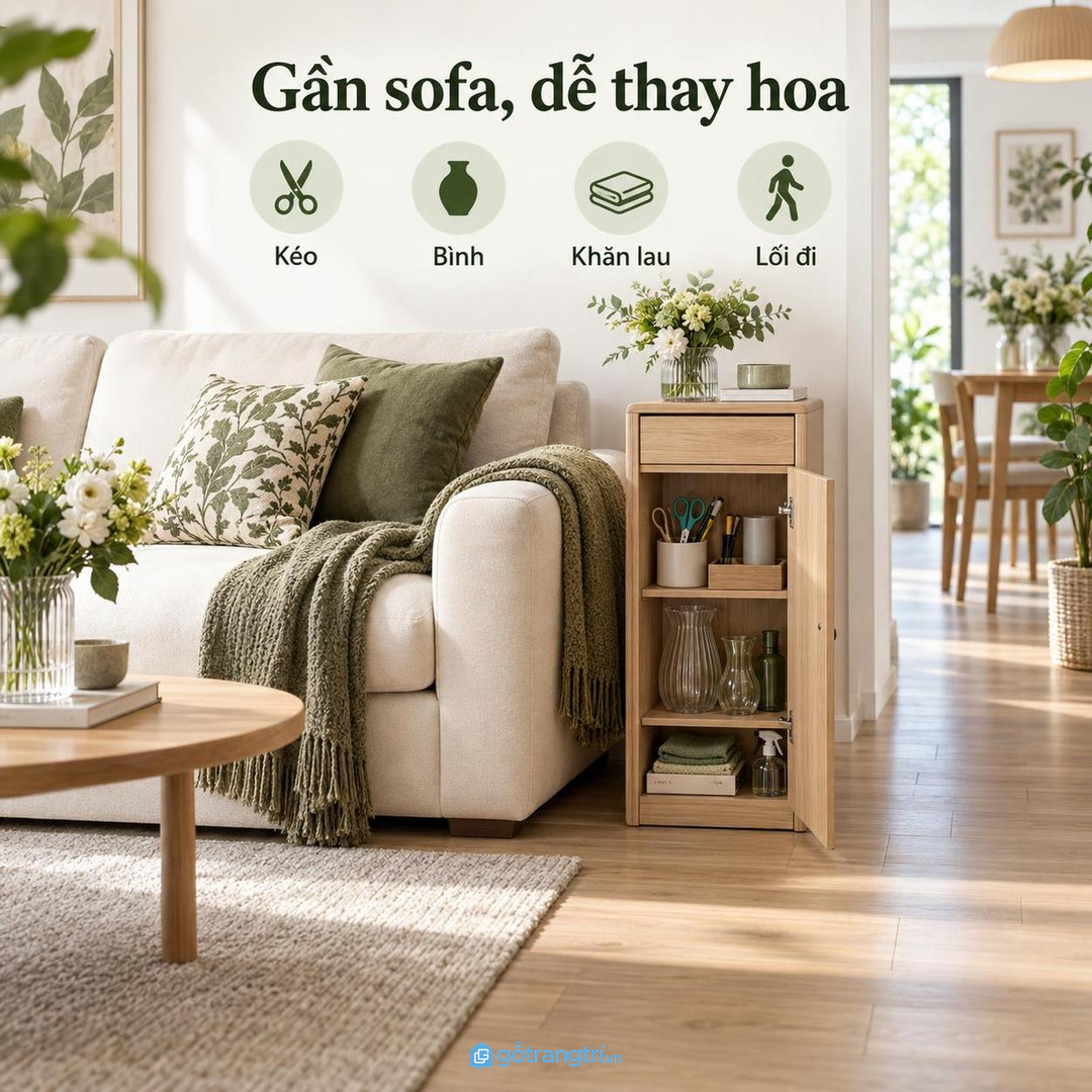 Tủ gần sofa giúp thao tác cắt cành lau bình và trả đồ về chỗ cũ dễ hơn
