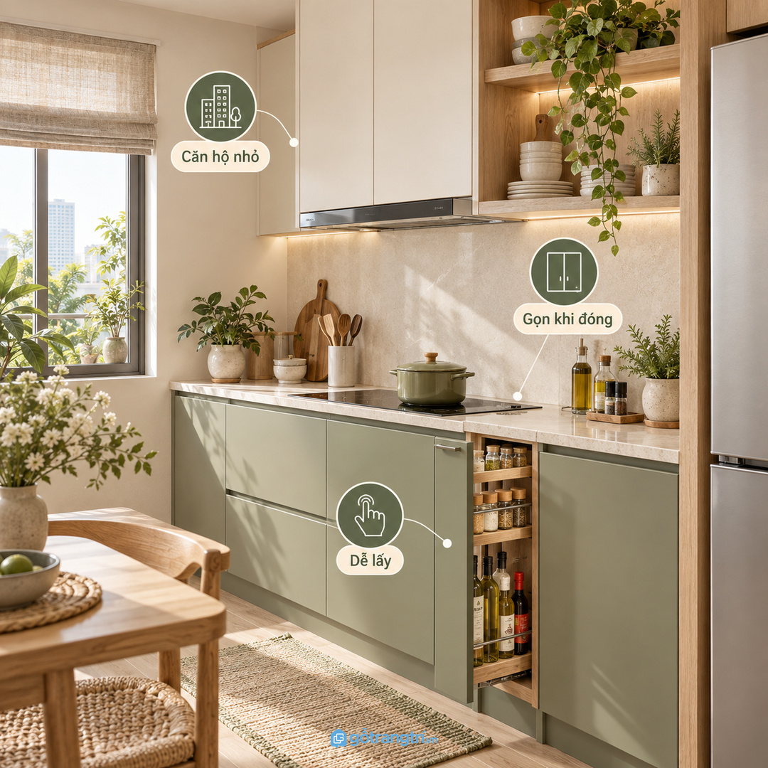 Bếp căn hộ nhỏ nên ưu tiên tủ gia vị hẹp nhưng đúng tầm tay