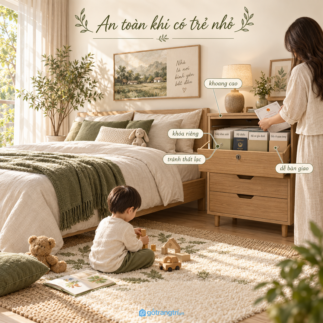 Gia đình có trẻ nhỏ cần đặt giấy tờ quan trọng ở khoang cao hoặc khóa riêng