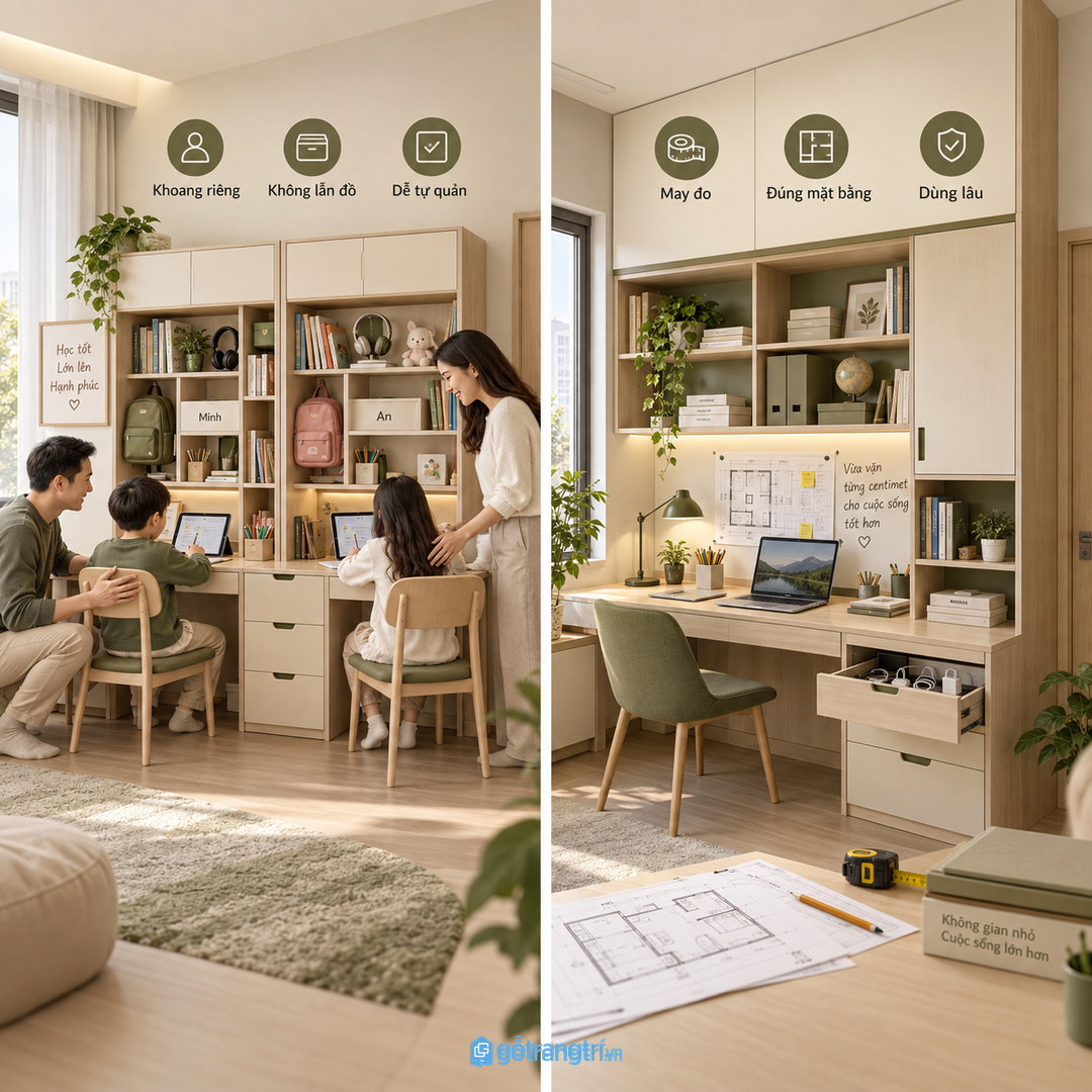 Gia đình có nhiều người dùng chung cần phân vùng đồ học và đồ làm việc