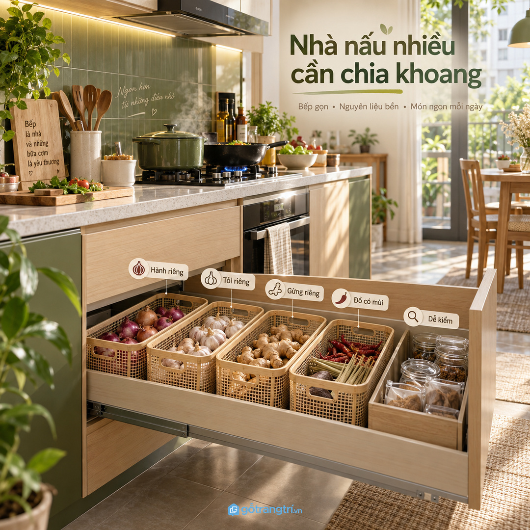 Nhà nấu nhiều cần khoang riêng cho hành, tỏi, gừng và đồ khô có mùi