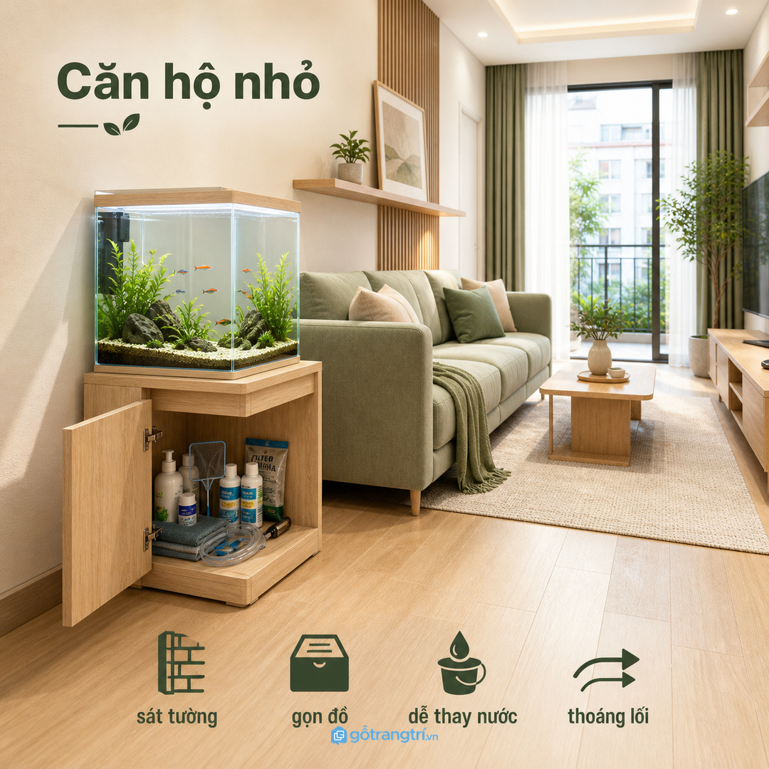 Căn hộ nhỏ nên đặt hồ cá sát tường, gần sofa nhưng không chắn lối