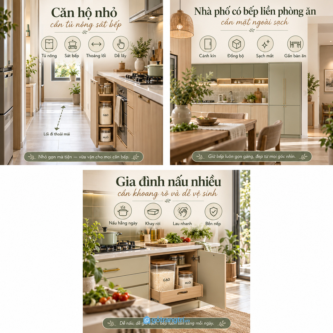 Nhà phố bếp liền phòng ăn cần mặt tủ kín sạch và đồng bộ