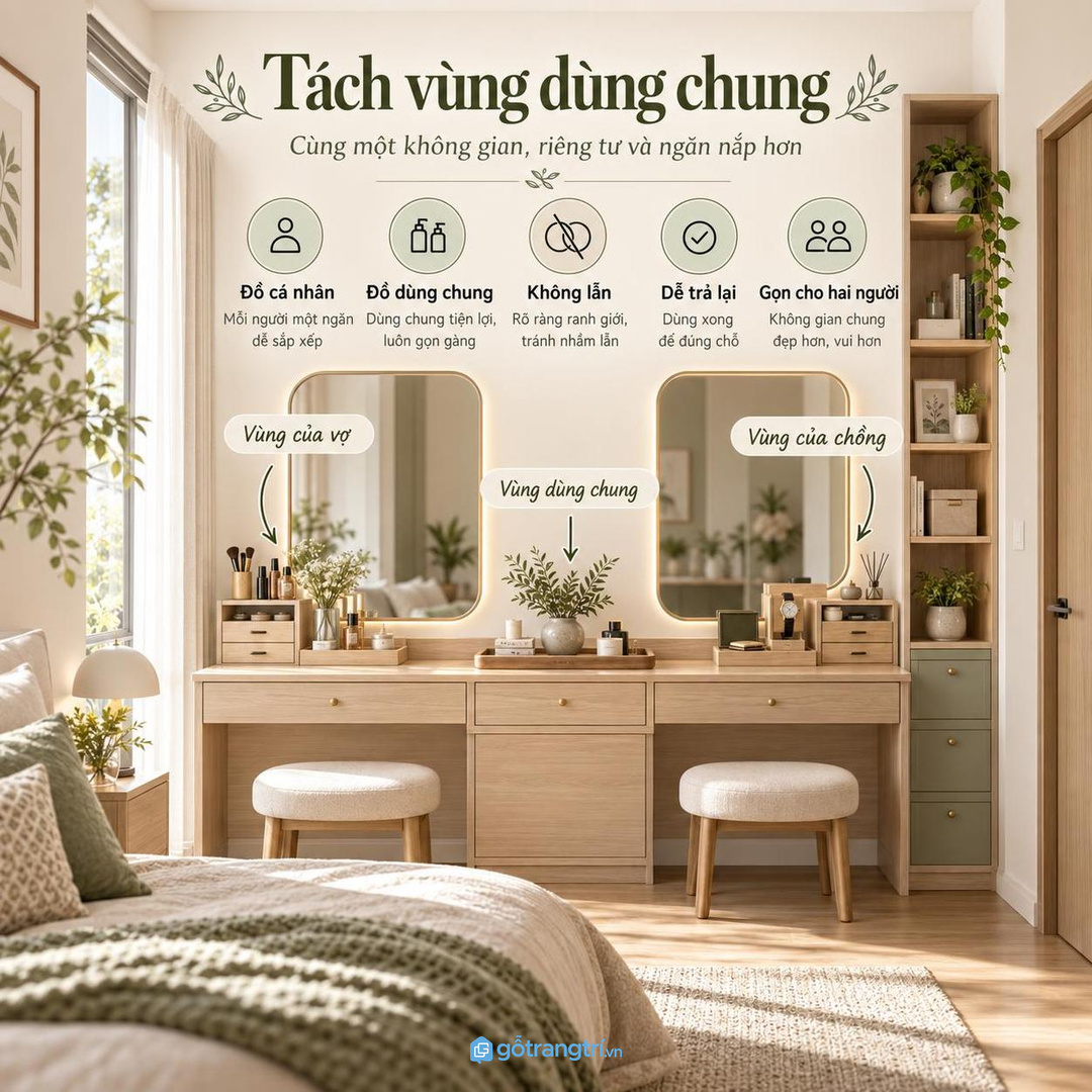 Phòng ngủ vợ chồng nên tách vùng dùng chung và vùng cá nhân