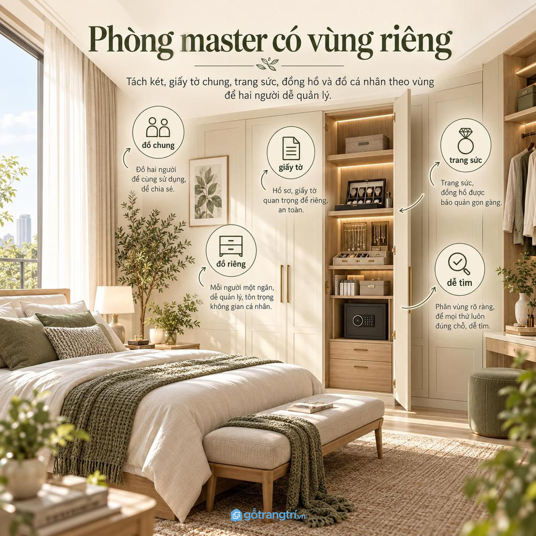 Phòng master nên tách vùng đồ chung và đồ riêng