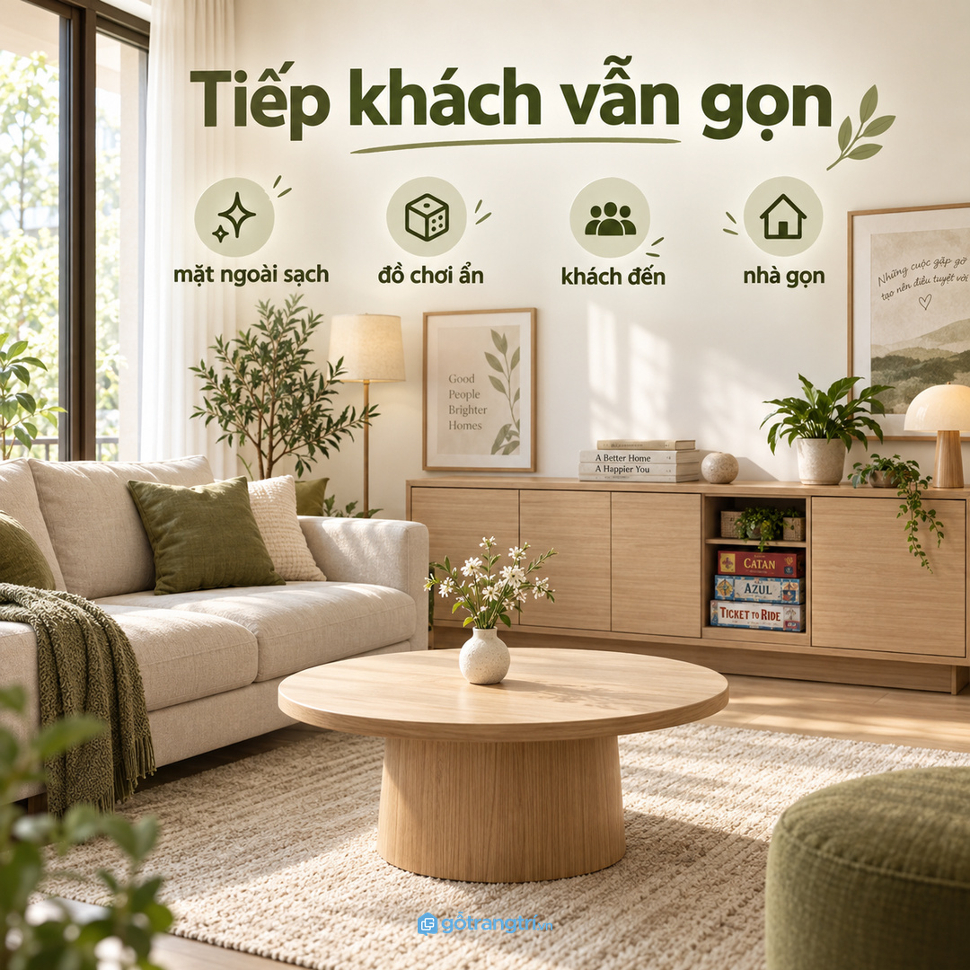 Không gian tiếp khách cần mặt ngoài sạch để đồ chơi được giấu gọn khi đóng tủ