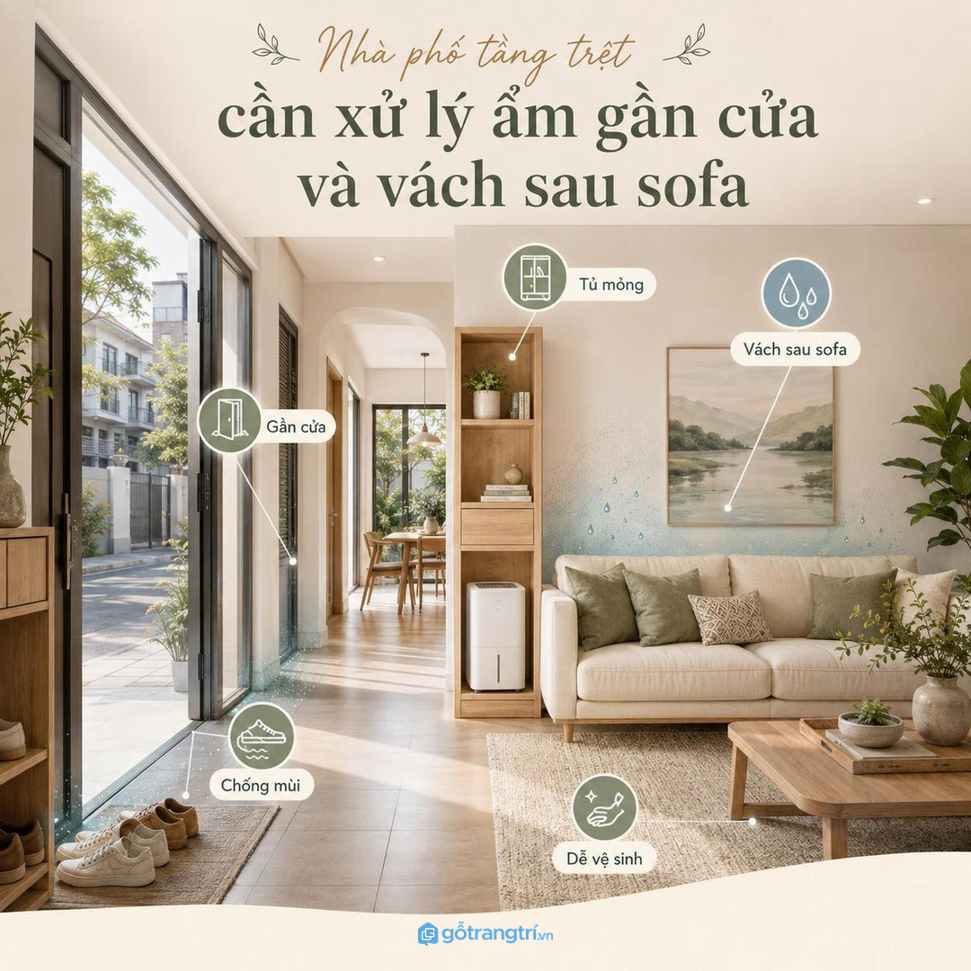 Nhà phố tầng trệt cần xử lý ẩm gần cửa và vách sau sofa
