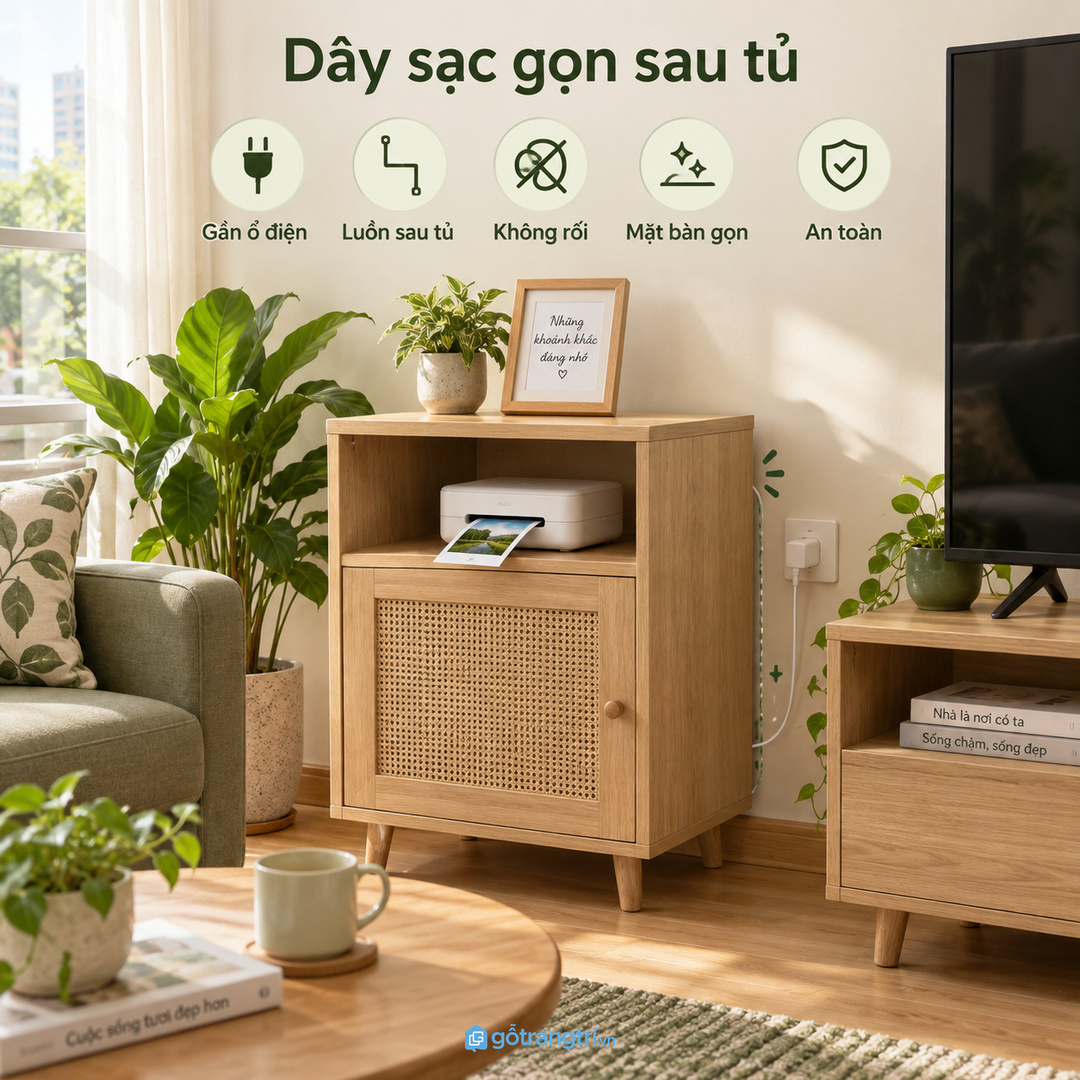 Góc kỷ niệm cạnh sofa nên gom ảnh mới album và khay phụ kiện vào một tủ gọn