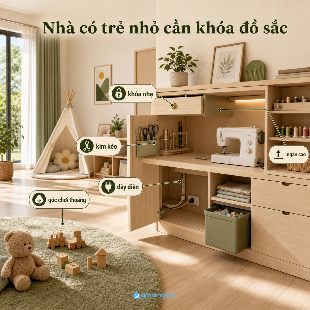 Nhà có trẻ nhỏ cần khóa nhẹ cho kim kéo, dây điện và đồ sắc