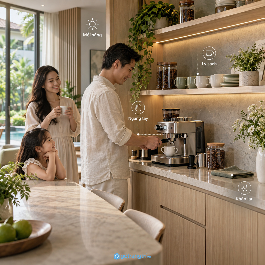 Quầy bar biệt thự nên có khoang thoáng khí và bề mặt dễ lau