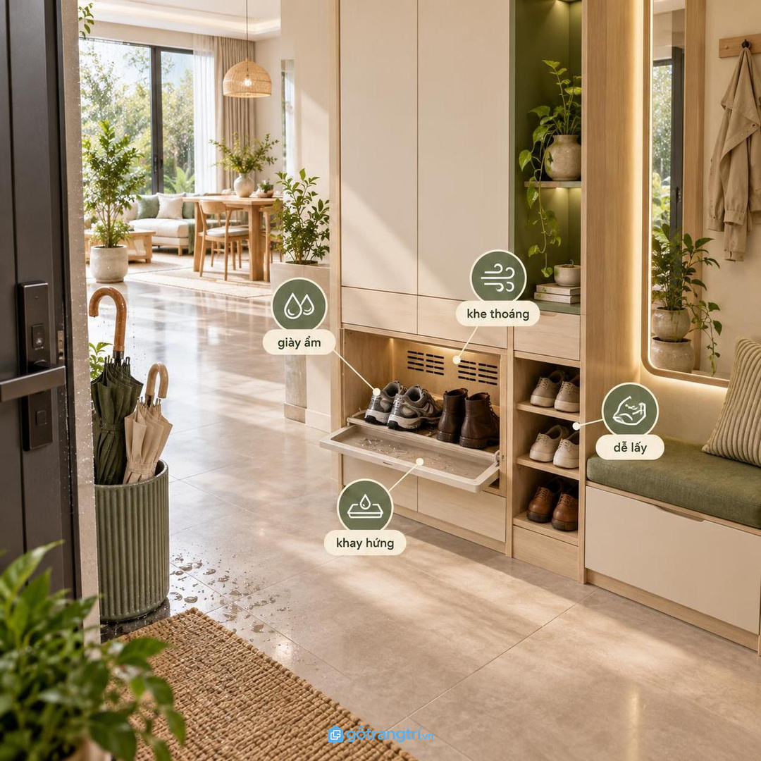 Tủ giày gọn giúp lối vào chung cư thoáng hơn