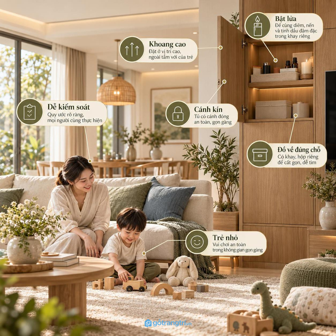 Góc thư giãn nhà phố cần tủ đồng bộ màu với sofa, bàn trà và kệ tivi