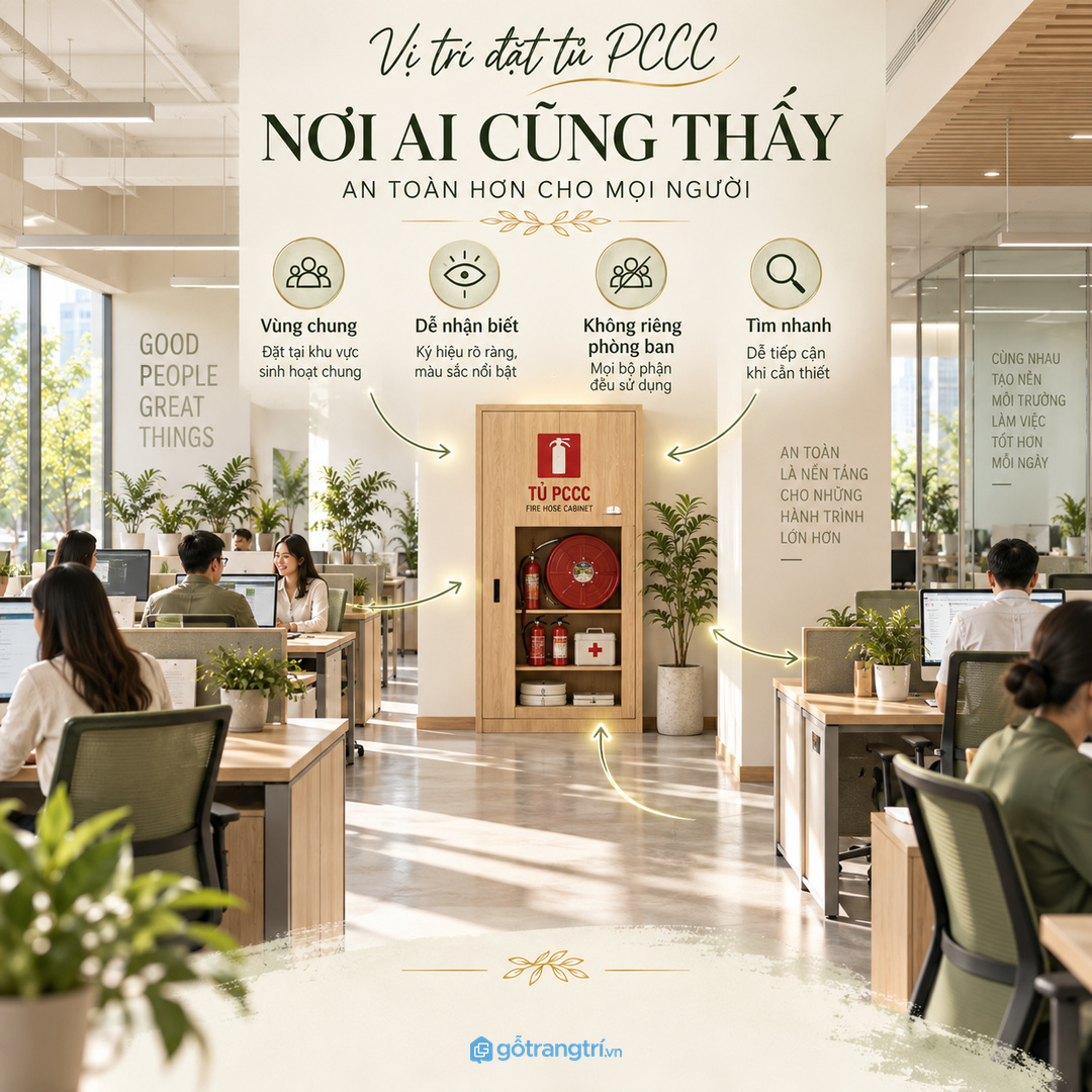 Văn phòng nhiều phòng ban nên có vùng vật tư chung dễ nhận biết