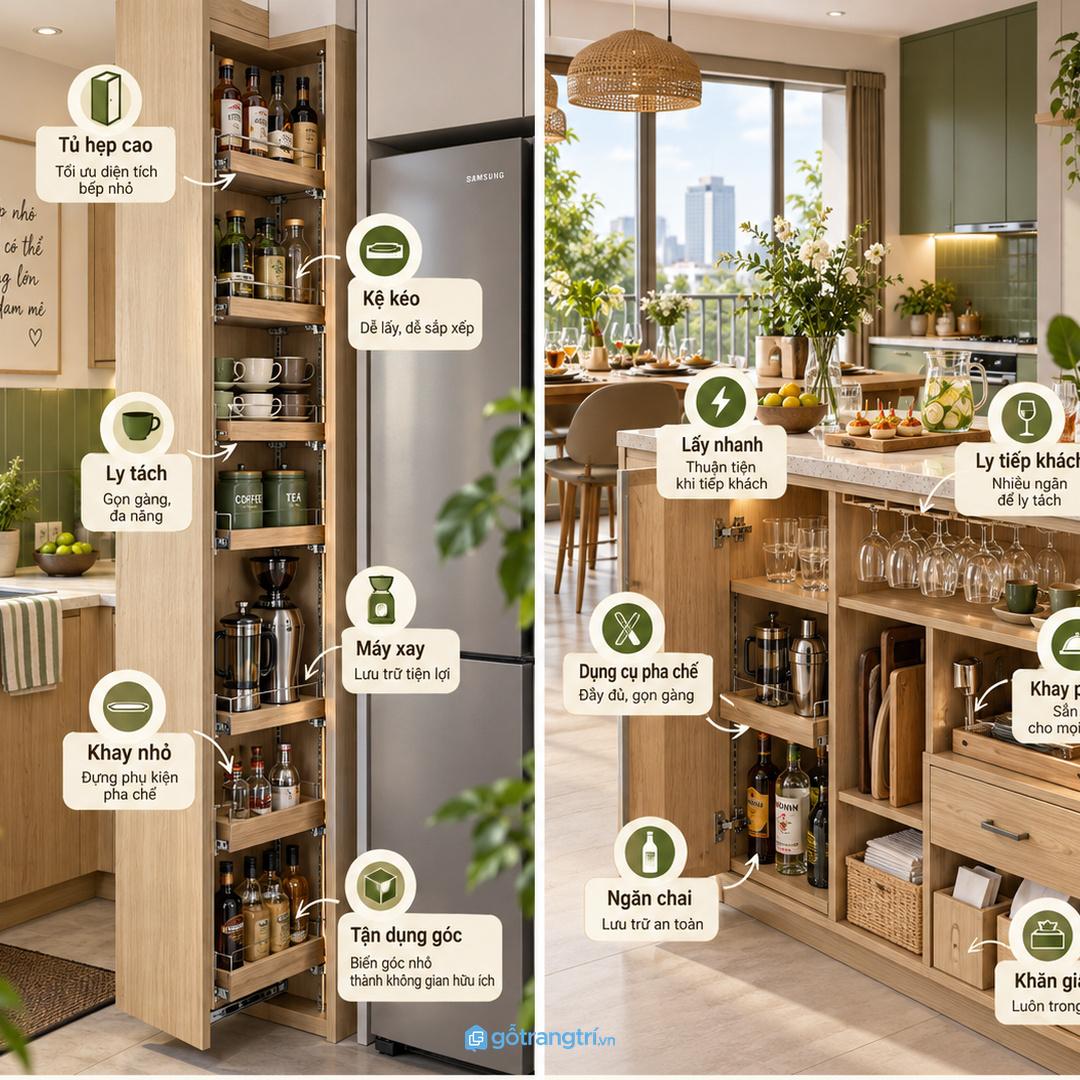Tủ cao tận dụng tốt cho cà phê, trà, siro và ly tách