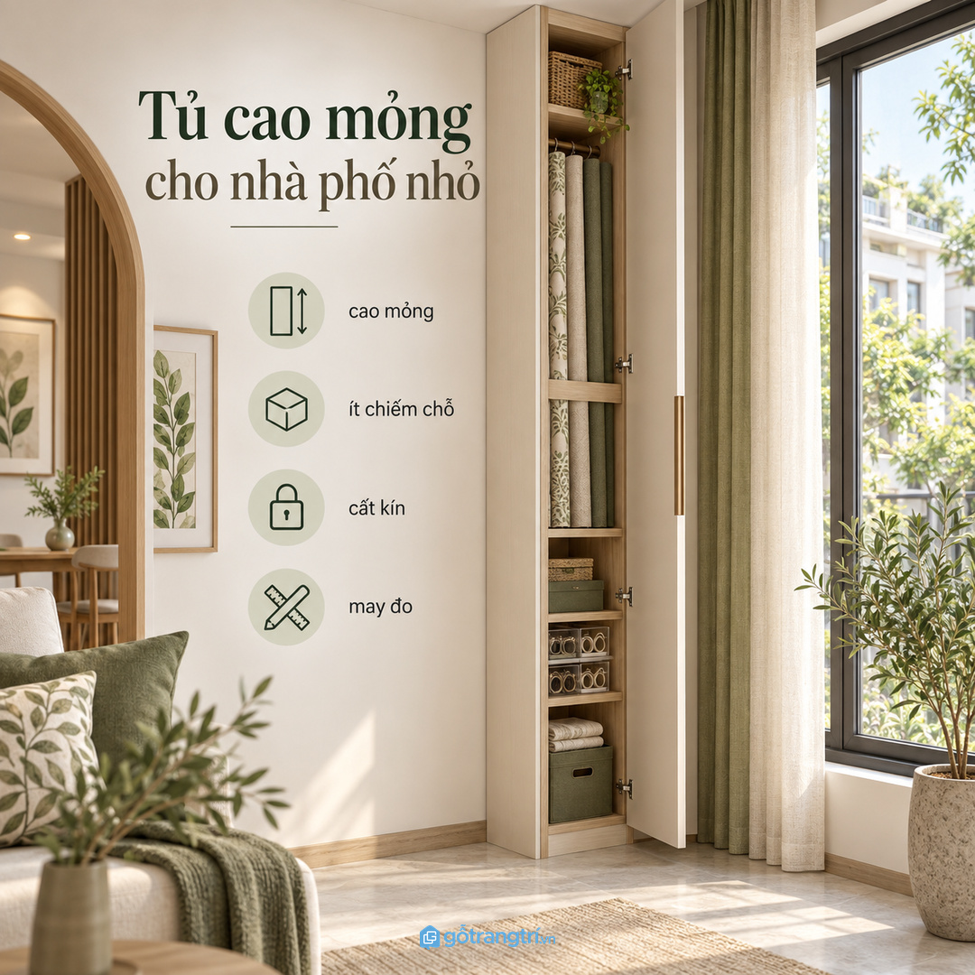 Nhà phố nhỏ nên dùng tủ cao mỏng hoặc hộc trong tủ trang trí hiện có