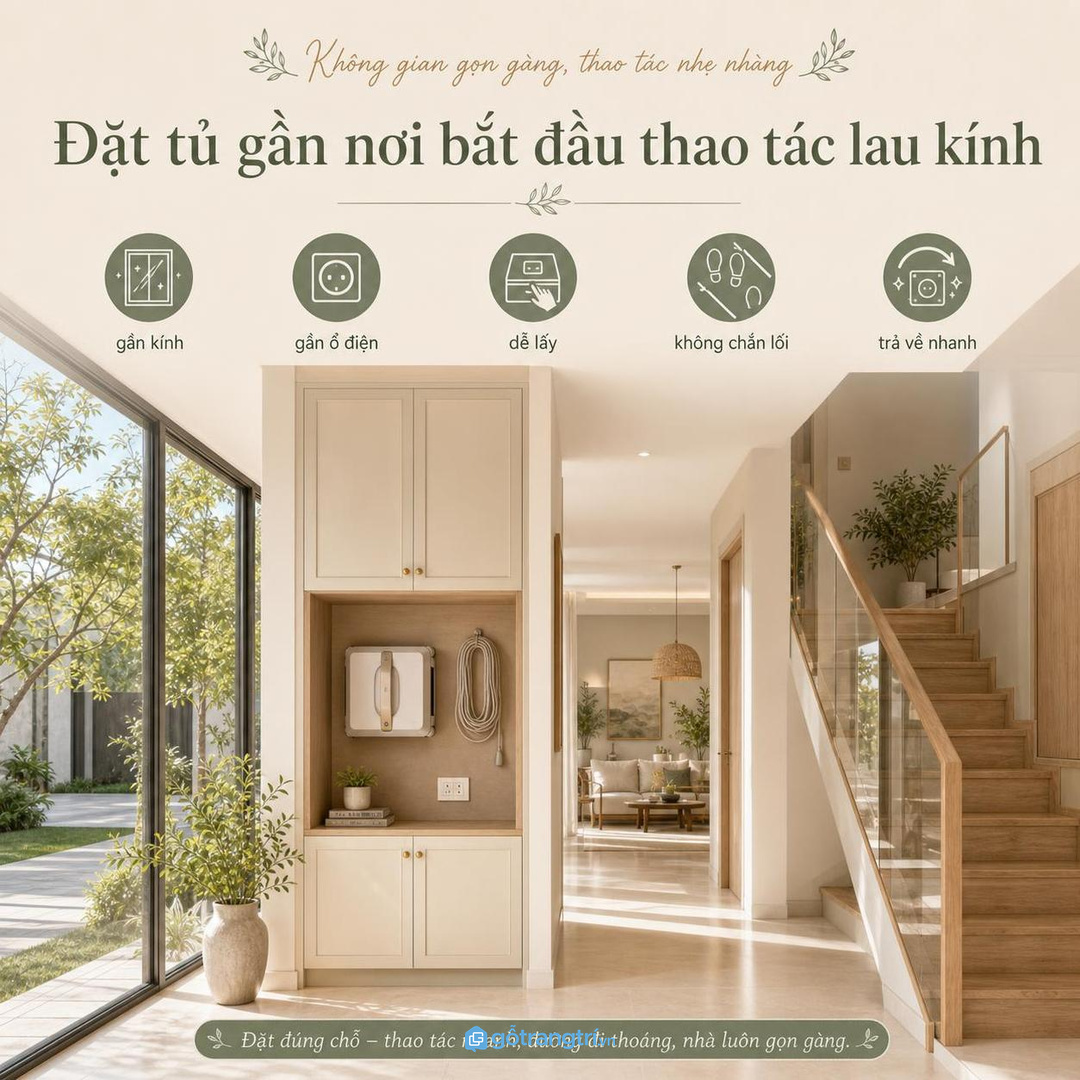 Sảnh thông tầng và cầu thang kính nên có tủ robot gần tuyến thao tác