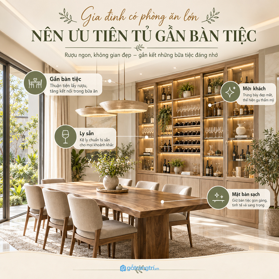 Tủ rượu gần bàn tiệc giúp ly sẵn mặt bàn sạch và thao tác tiếp khách gọn