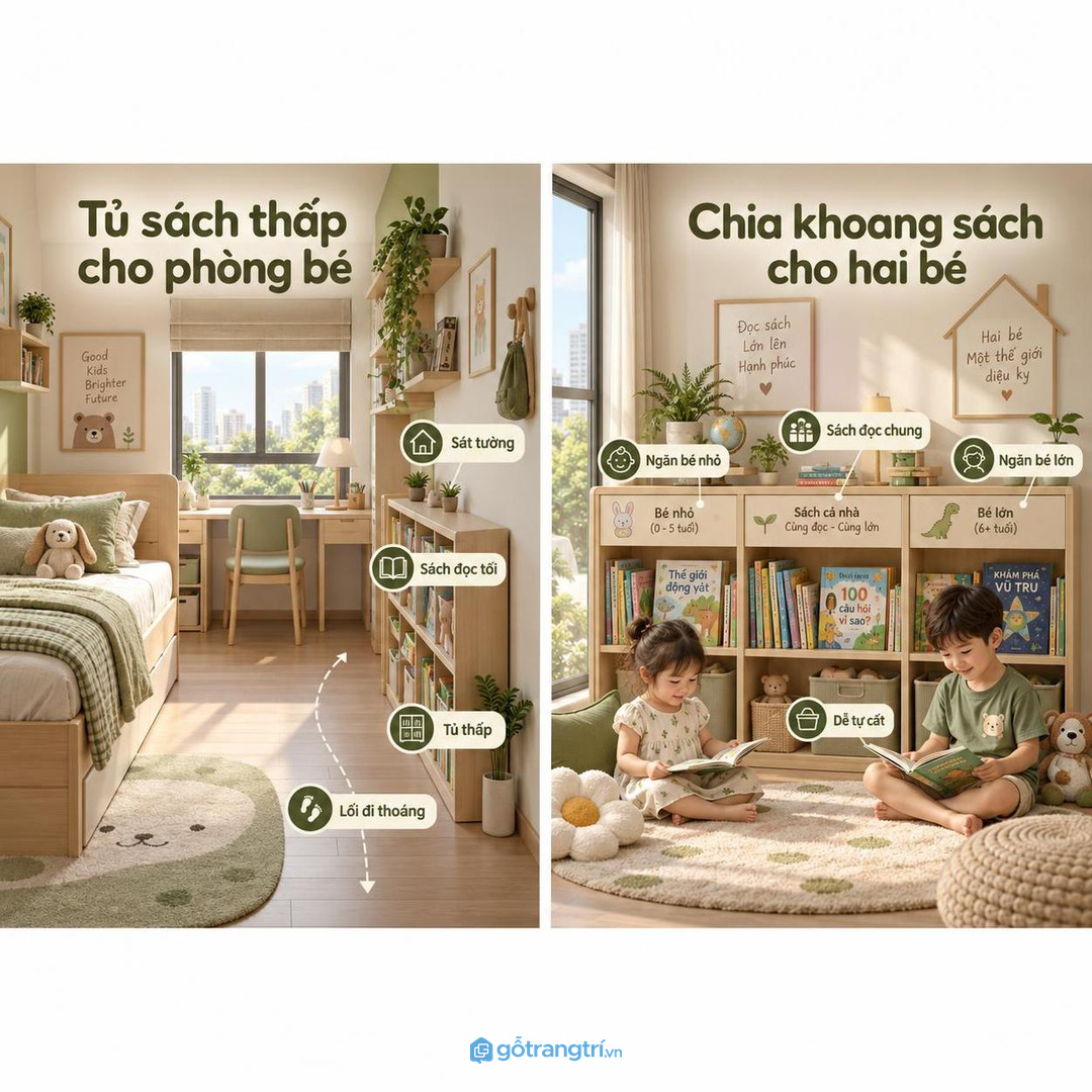 Phòng ngủ của bé cần tủ sách thấp không chắn lối đi