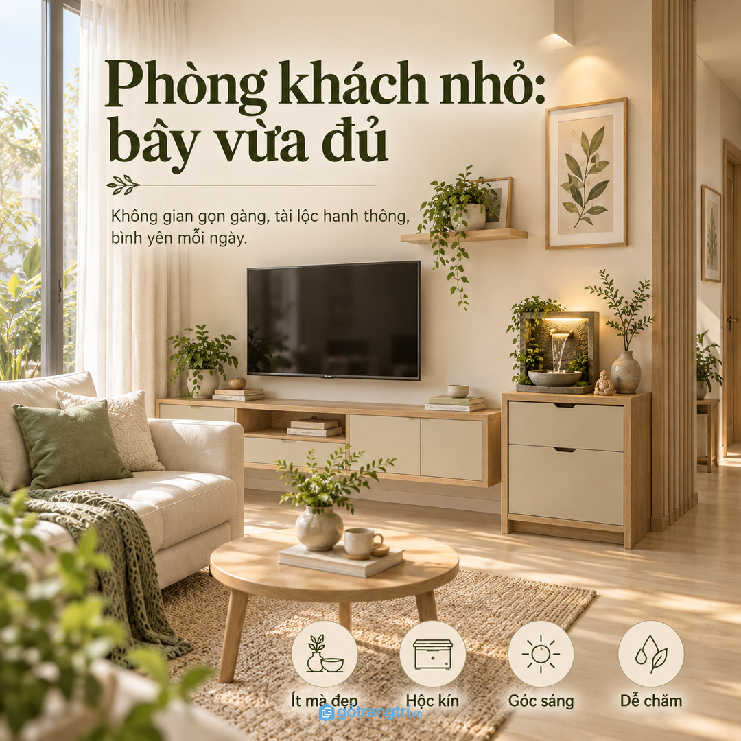 Phòng khách nhỏ nên bày vừa đủ để góc phong thủy sáng mà không rối