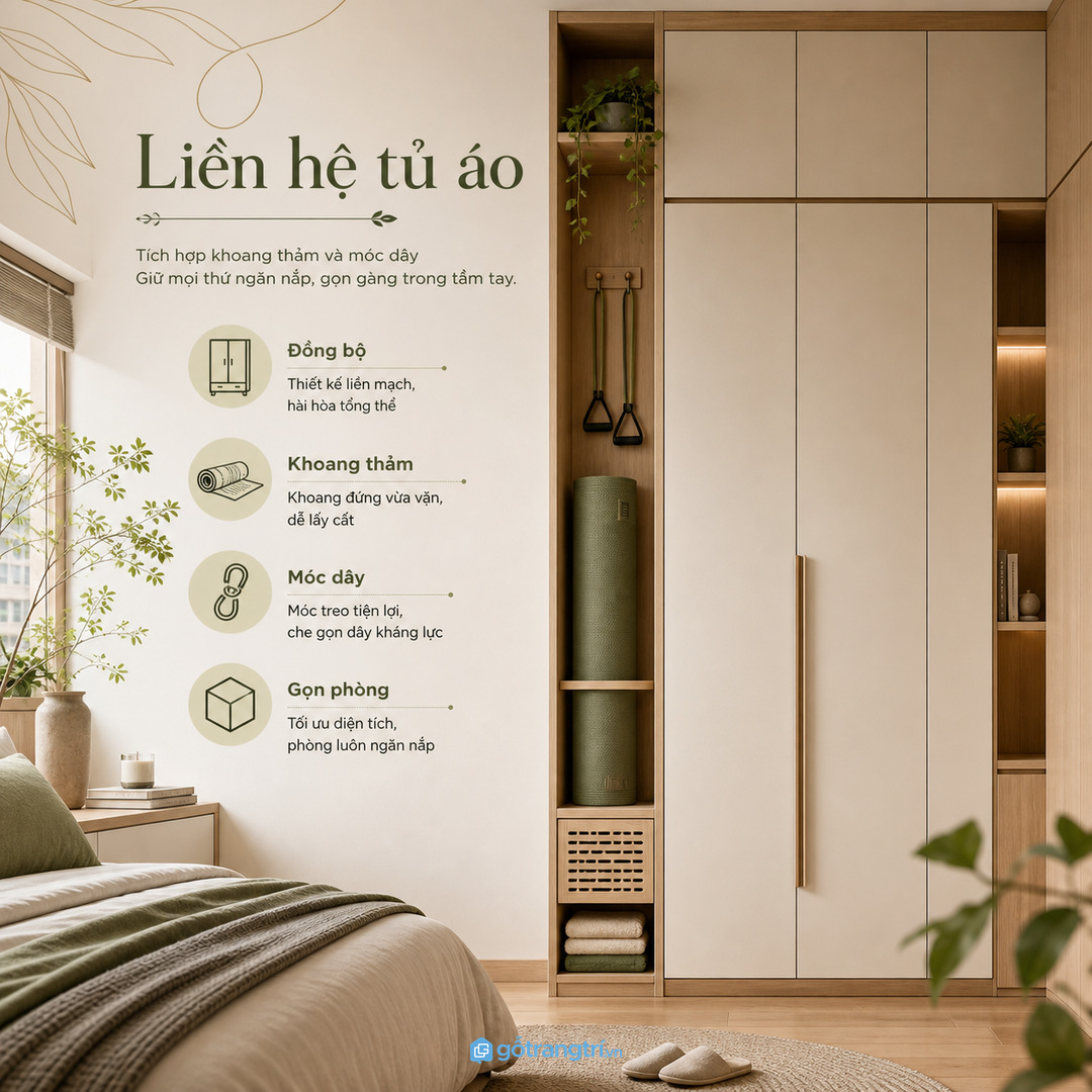 Phòng ngủ vợ chồng nên giấu gọn đồ tập sau cánh tủ nhẹ mắt