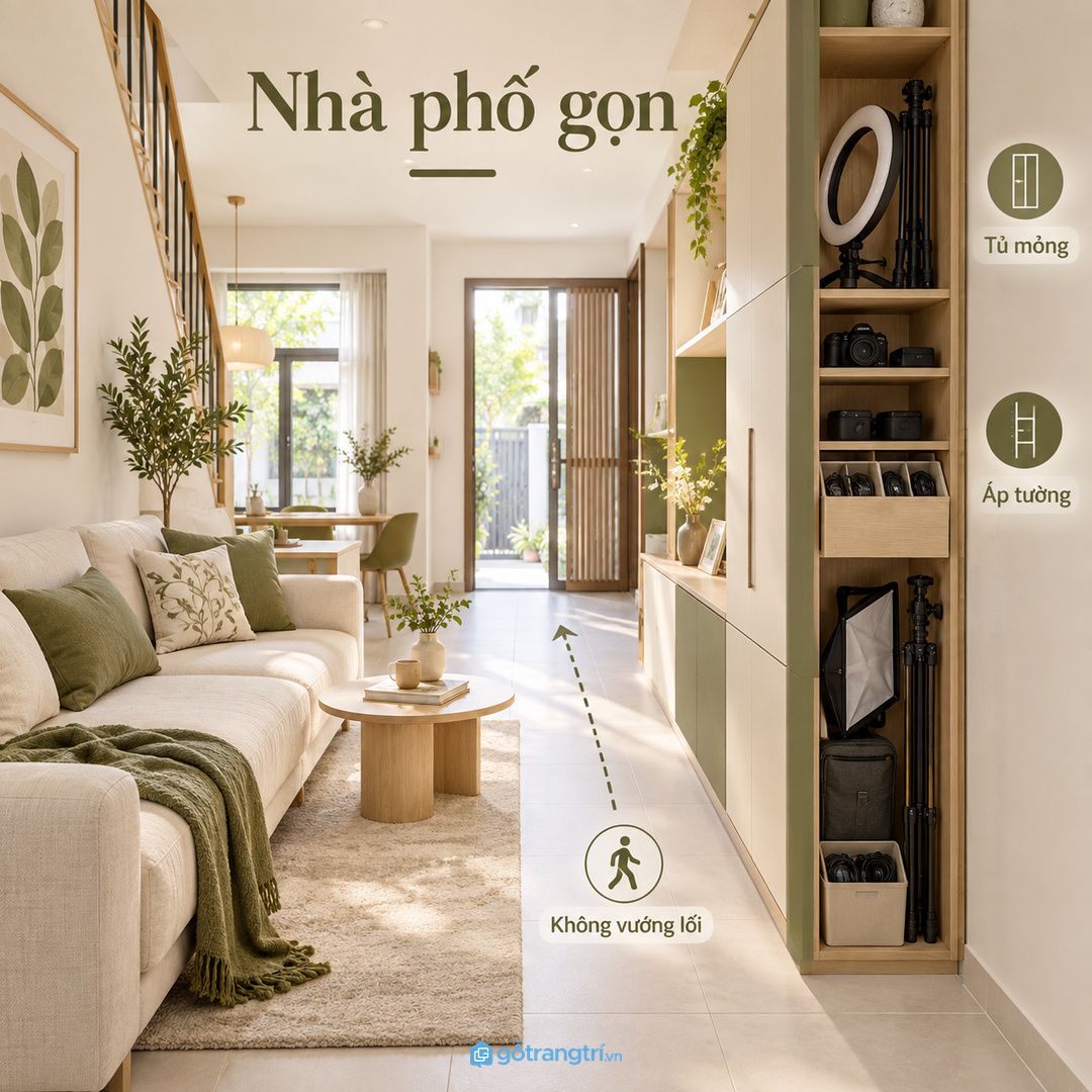 Nhà phố nên dùng tủ mỏng áp tường để không vướng tuyến đi lại