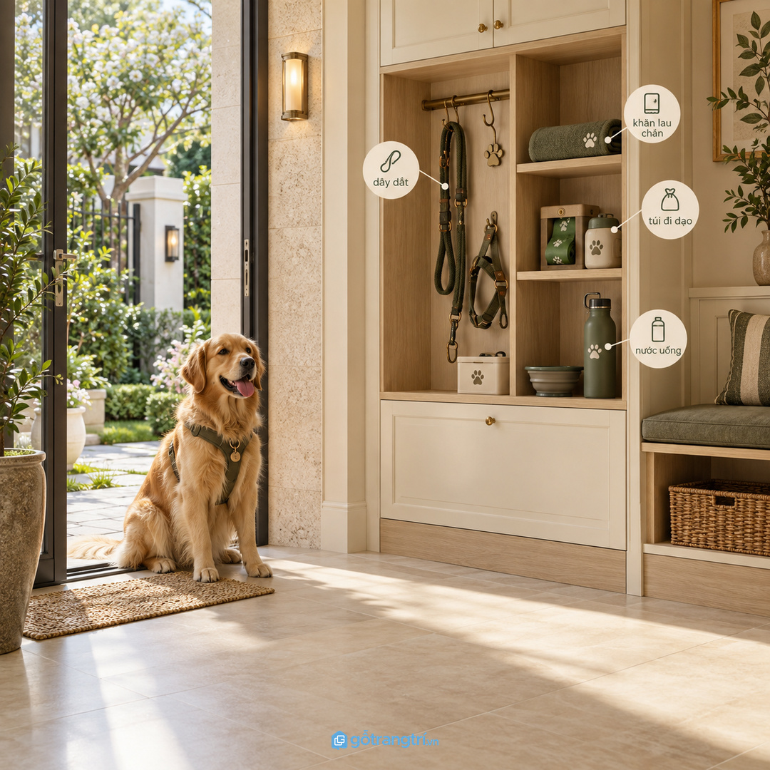 Nhà có sân vườn cần điểm cất dây dắt khăn lau chân và túi đi dạo