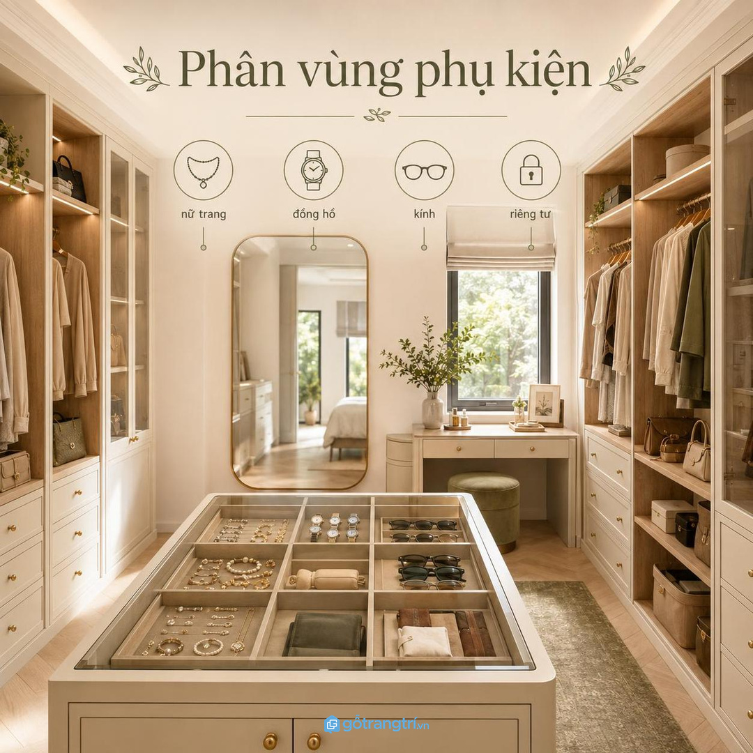 Phòng thay đồ chung nên phân vùng nữ trang, đồng hồ và phụ kiện rõ ràng