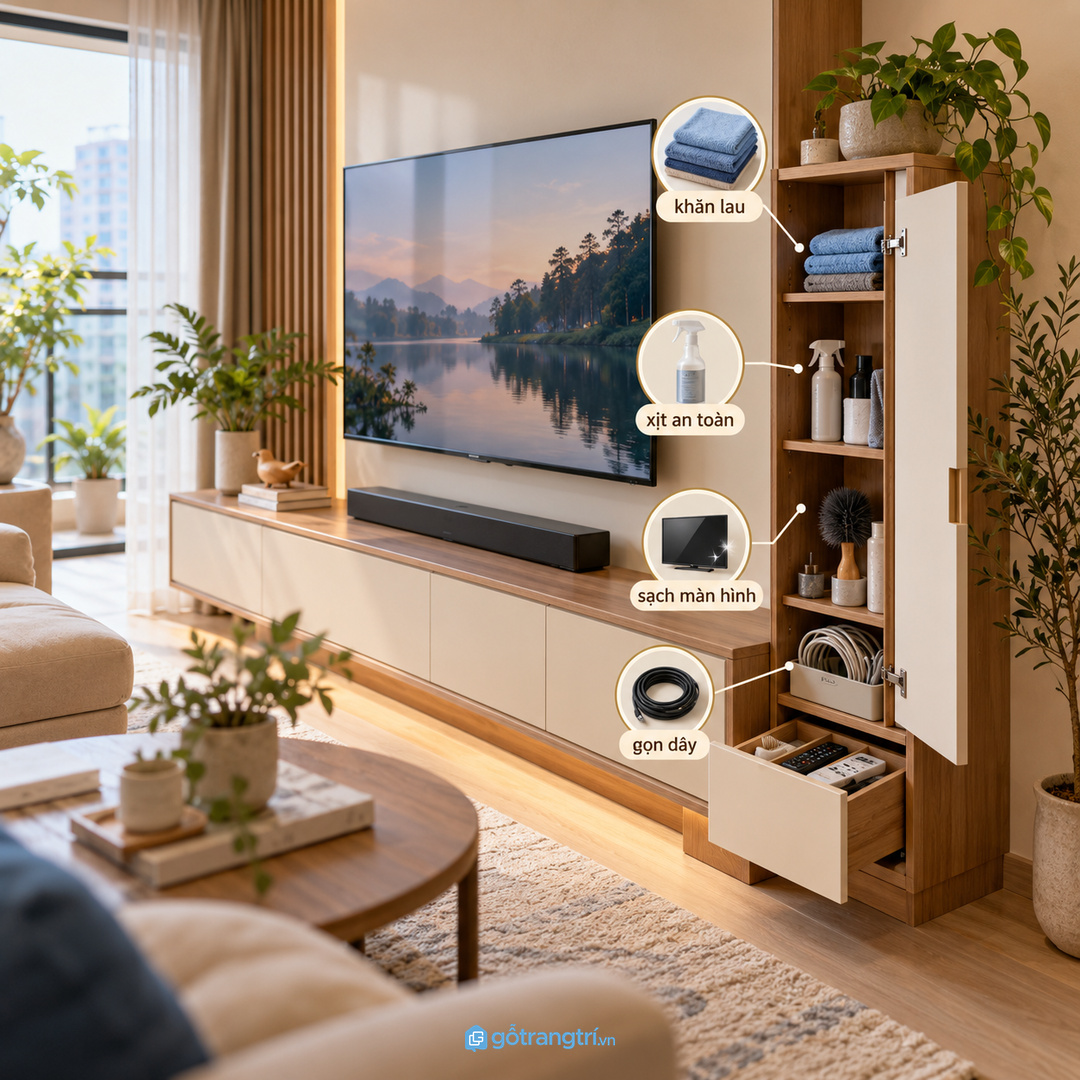 Hệ tủ đứng nhỏ giúp gom khăn lau, bình xịt và chổi bụi theo chiều cao