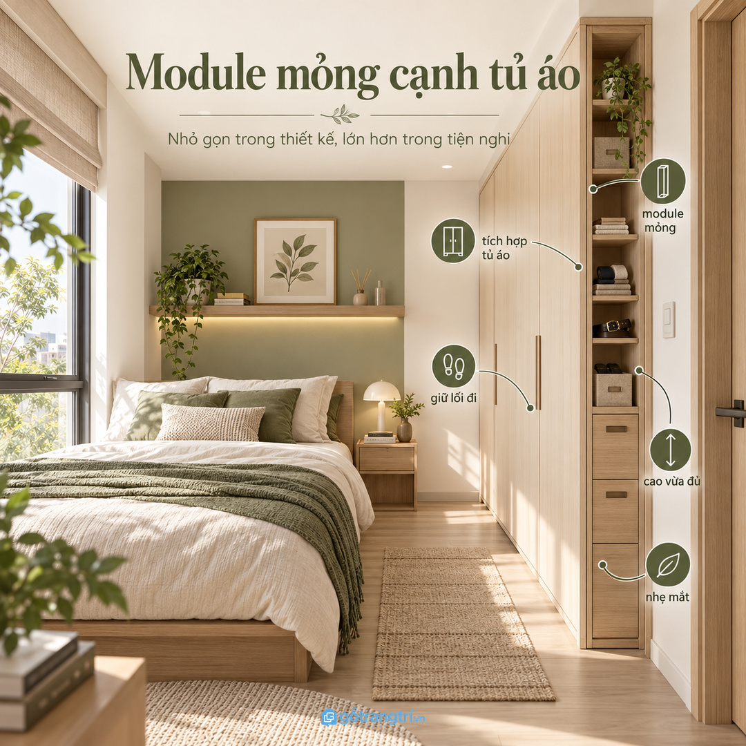 Phòng ngủ căn hộ nhỏ hợp module mỏng cạnh hoặc trong tủ áo