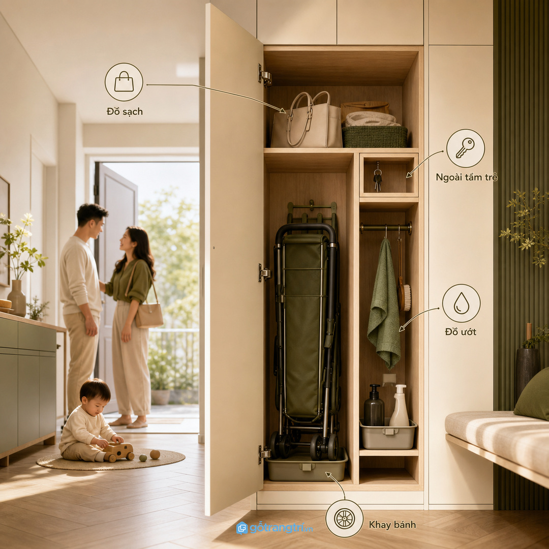Gia đình trẻ nên tách đồ sạch, đồ ướt và khoang bánh xe an toàn hơn