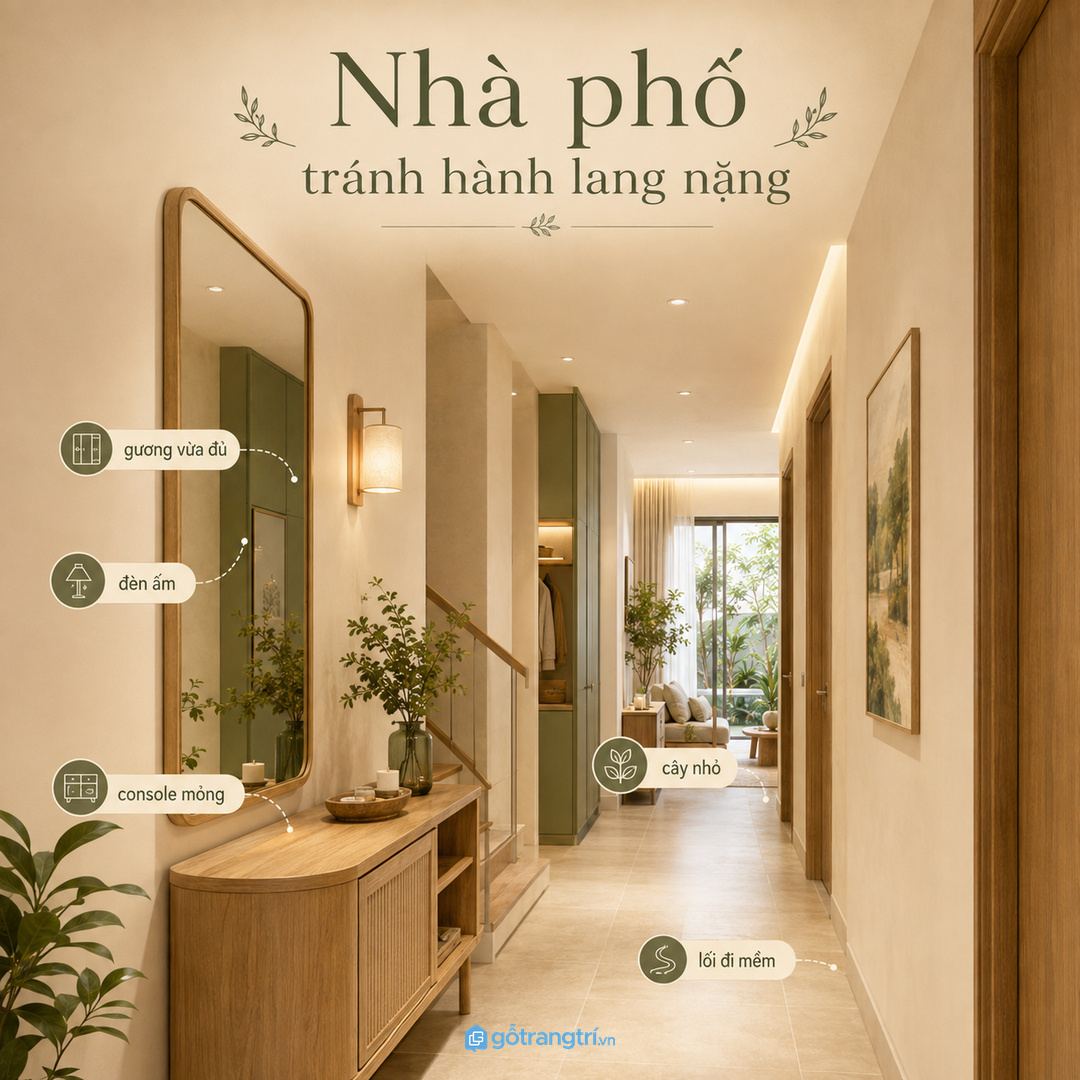 Nhà phố hẹp cần gương vừa đủ, đèn ấm và tủ console mỏng