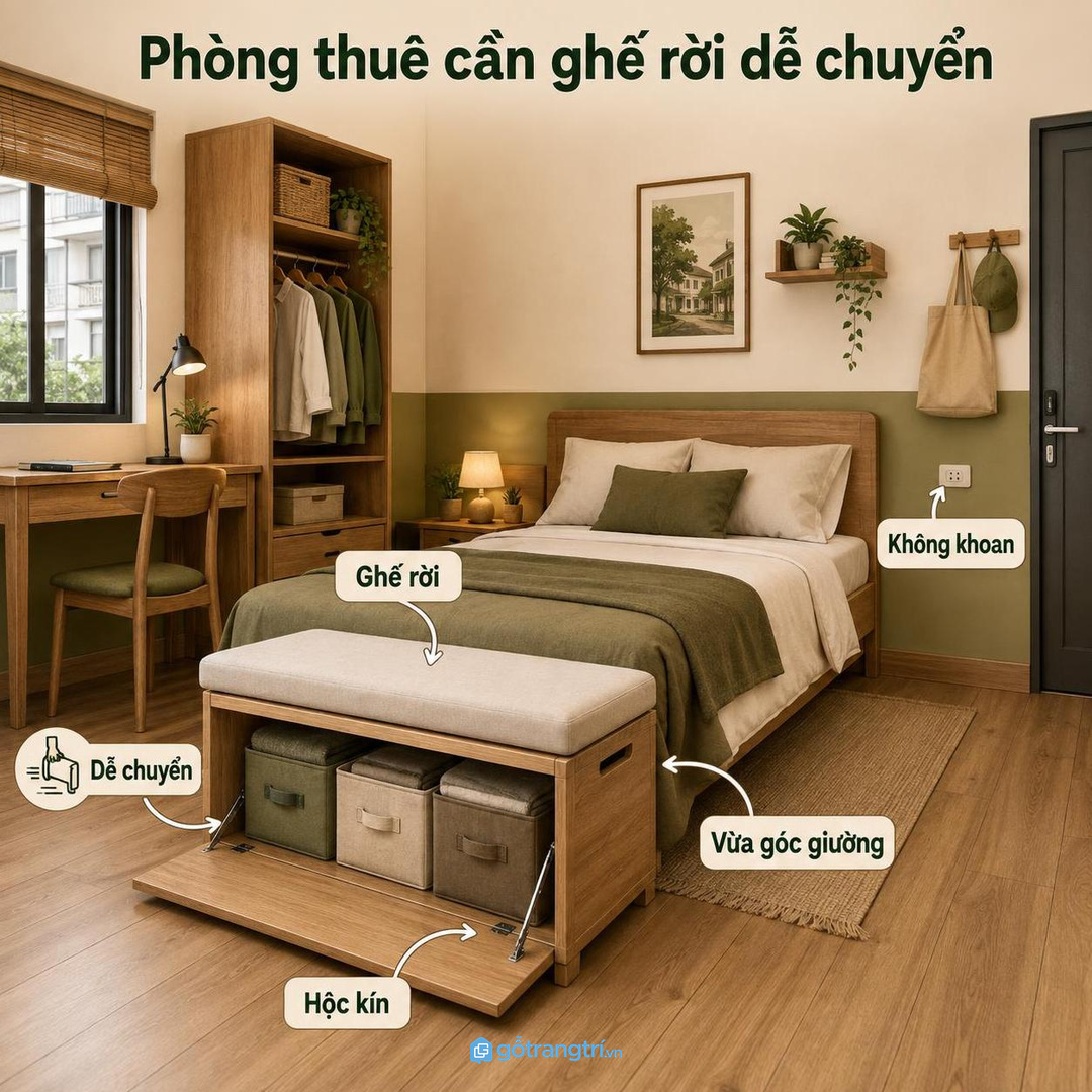 Phòng thuê hoặc căn hộ nhỏ hợp ghế rời gọn, dễ chuyển và không cần khoan cố định