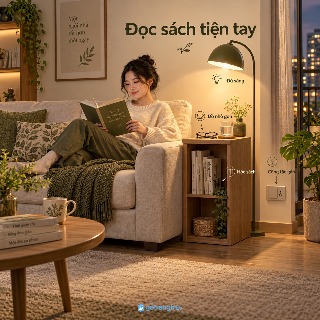 Gia đình hay đọc sách nên có hộc sách nhỏ và công tắc dễ với tay