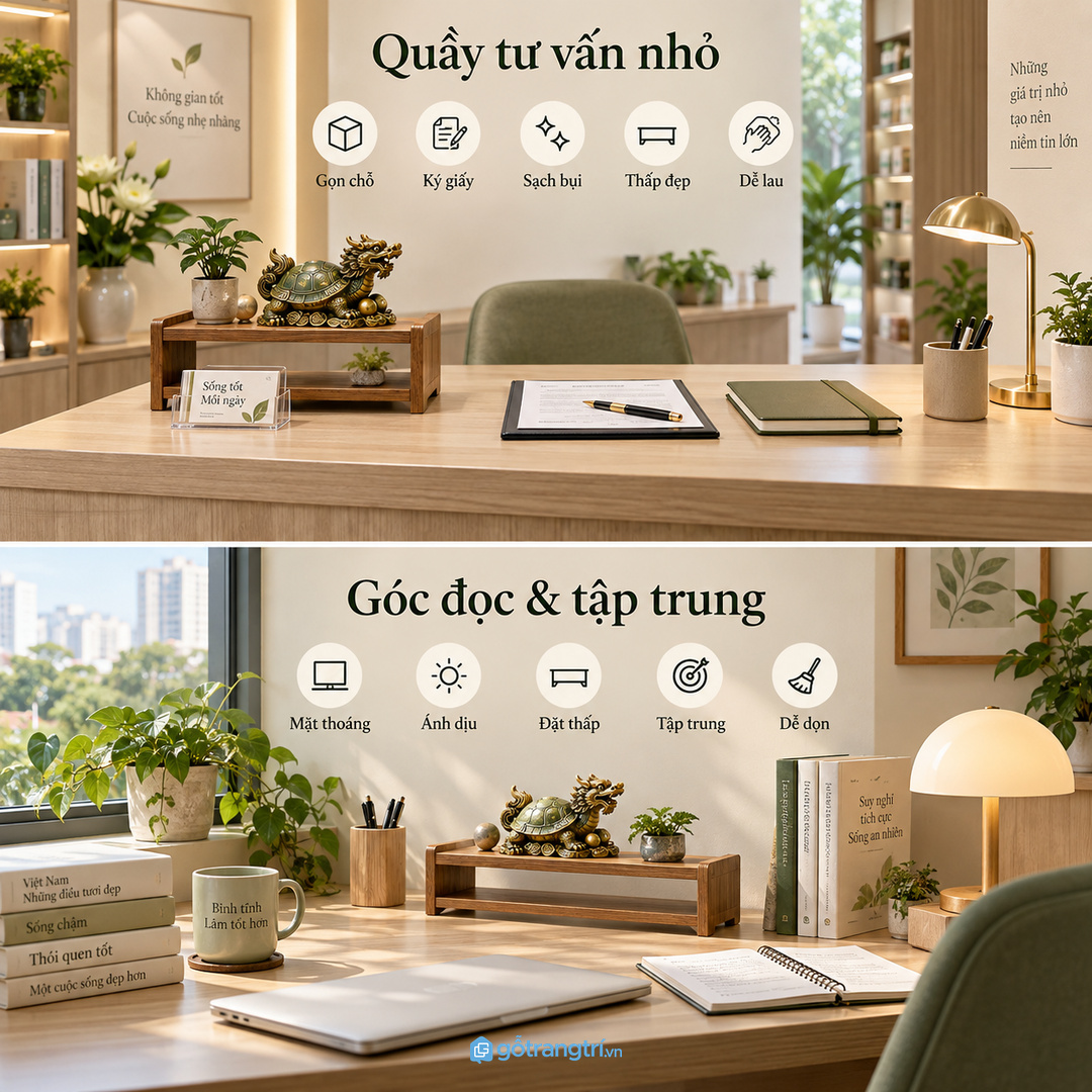 Quầy tư vấn nhỏ nên đặt vật phẩm gọn để còn chỗ ký giấy và tiếp khách