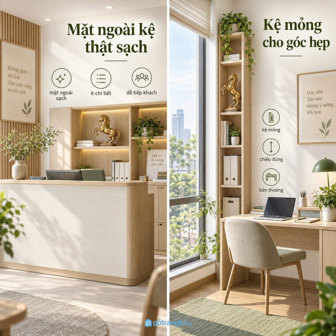 Góc làm việc hẹp hợp kệ mỏng theo chiều đứng để bàn vẫn thoáng