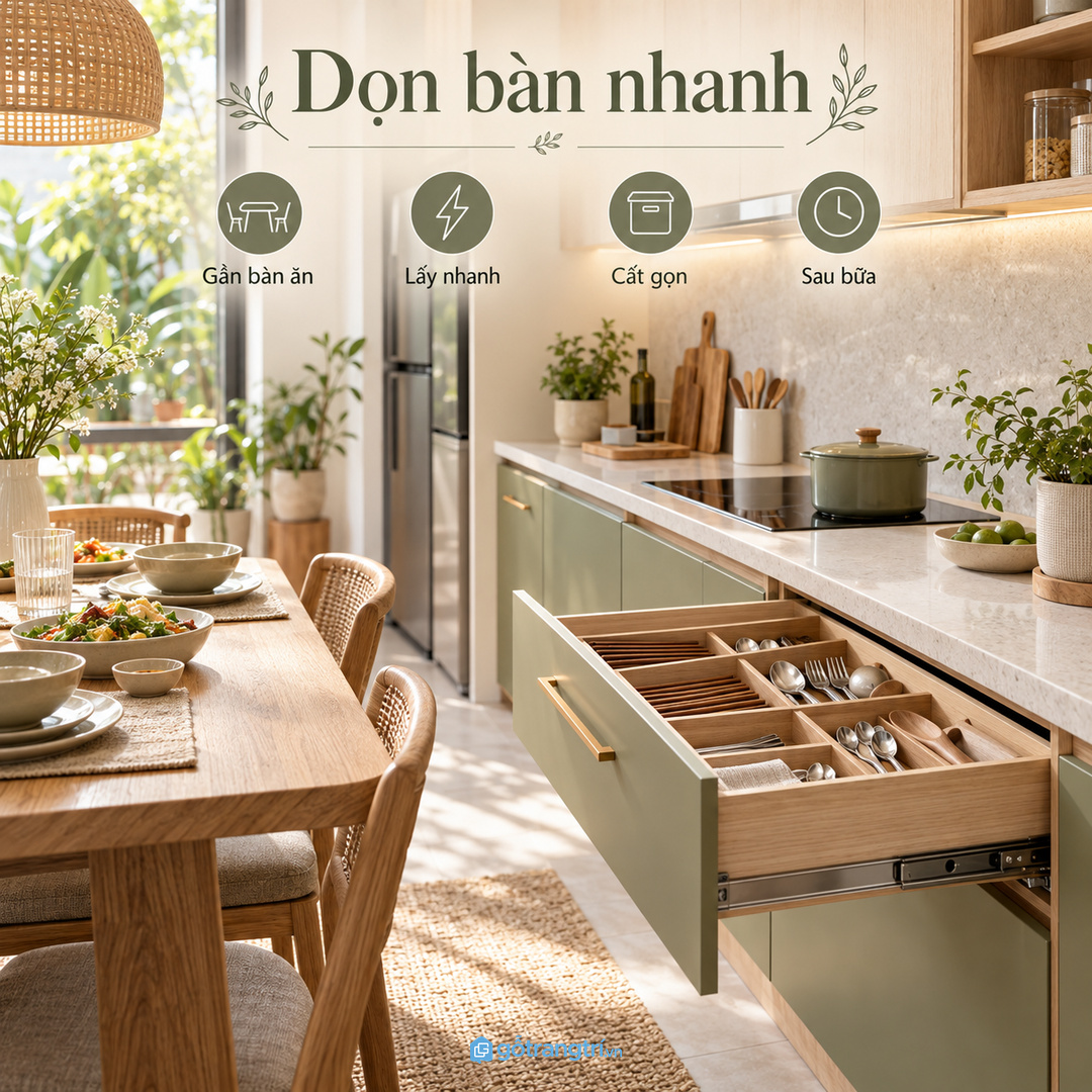 Nhà có trẻ nhỏ cần ngăn thìa đũa an toàn và dễ đóng mở