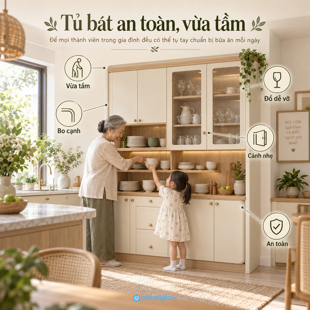Nhà có trẻ nhỏ hoặc người lớn tuổi cần tủ bát an toàn và vừa tầm