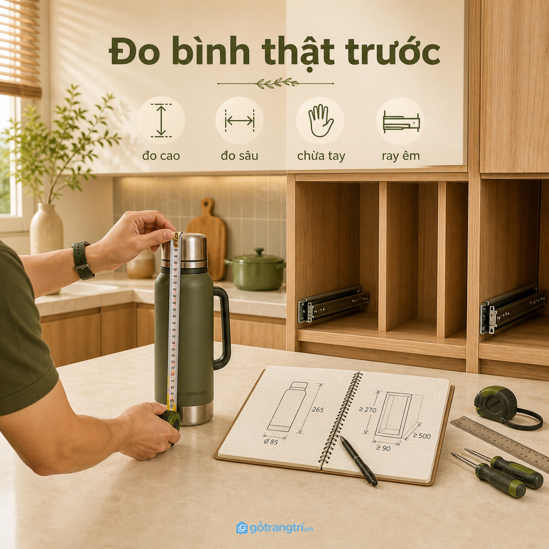 Đo bình thật trước khi đặt làm tủ để chừa tay, chừa ray và chiều sâu đúng