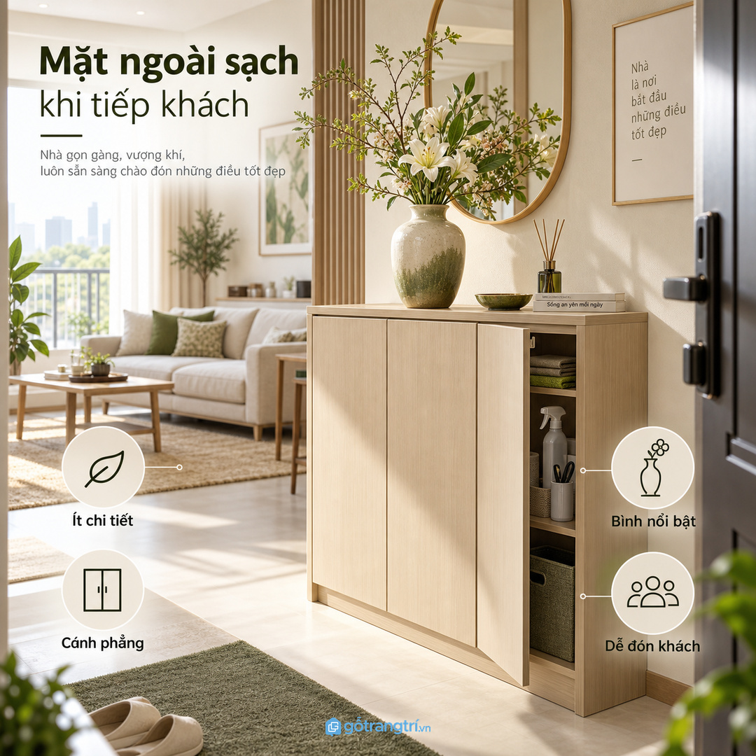 Không gian tiếp khách cần mặt tủ gọn và bình hoa nổi bật vừa đủ
