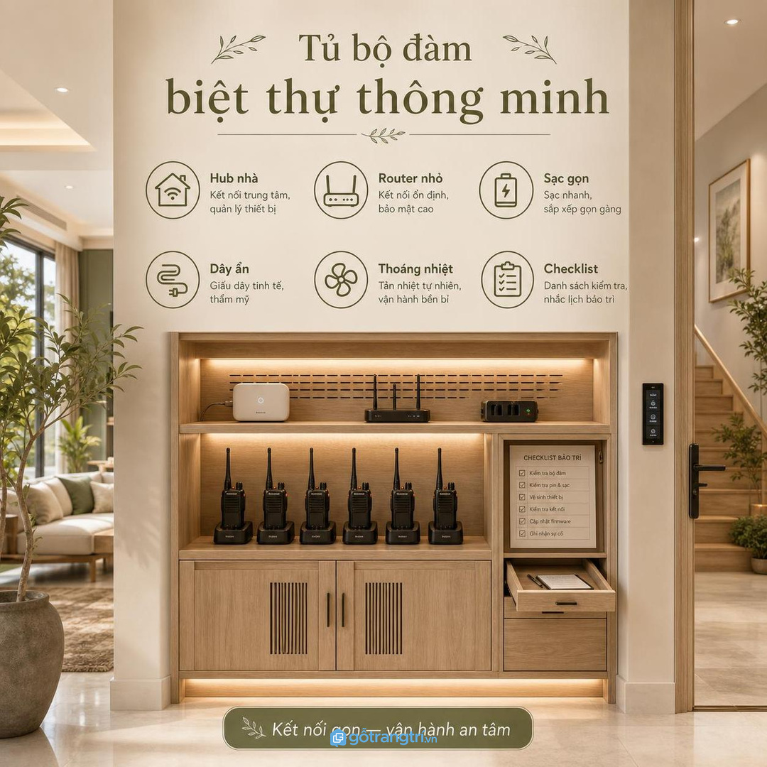 Tủ bộ đàm biệt thự thông minh có thêm hub router sạc và checklist bảo trì