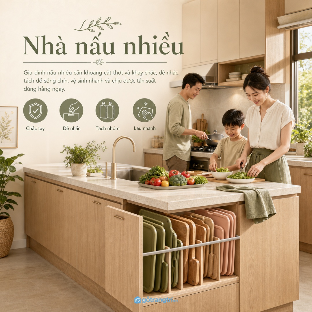 Gia đình nấu nhiều cần khoang cất thớt chắc, dễ lau và dễ phân nhóm
